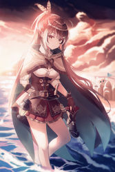 Rule 34 | 1girl, absurdres, ahoge, arm behind back, bare legs, beach, belt, blush, boots, brown eyes, brown hair, cape, capelet, cloak, cloud, cloudy sky, corset, dagger, feathers, fingerless gloves, flag, friend (nanashi mumei), gloves, hair ornament, hieroglyphics, highres, hololive, hololive english, knife, lantern, long hair, looking at viewer, nanashi mumei, ocean, ponytail, pouch, red sky, ribbon, sand castle, sand sculpture, shirt, sion (im10042m), skirt, sky, smile, sunlight, sunset, unworn boots, virtual youtuber, weapon, white shirt