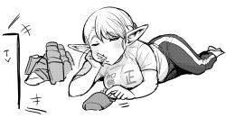 Rule 34 | 1girl, bad id, bad tumblr id, breasts, carton, closed eyes, clothes writing, eating, elf, elf-san wa yaserarenai., erufuda-san, food, food in mouth, foreshortening, french fries, greyscale, head rest, large breasts, lying, monochrome, on stomach, pants, pointy ears, simple background, solo, synecdoche, thighs, white background