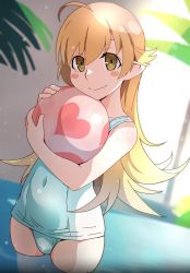 Rule 34 | 1girl, ahoge, ball, beachball, blonde hair, blush stickers, closed mouth, covered navel, fang, gesugesu ahoaho, heart, highres, holding, holding ball, long hair, looking at viewer, monogatari (series), one-piece swimsuit, oshino shinobu, partially submerged, pointy ears, skin fang, smile, solo, swimsuit, very long hair, water, white one-piece swimsuit, yellow eyes