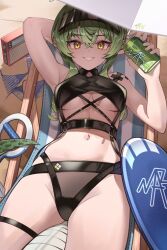 Rule 34 | 1girl, :d, absurdres, arknights, arm behind head, arm up, armpits, beach umbrella, black one-piece swimsuit, breasts, casual one-piece swimsuit, chair, crocodilian tail, gavial (arknights), green hair, grin, highres, large breasts, long hair, looking at viewer, lounge chair, lying, navel, official alternate costume, on back, one-piece swimsuit, open mouth, parted lips, pointy ears, radio, sidelocks, smile, solo, surfboard, swimsuit, tail, umbrella, underboob, visor cap, yellow eyes, zhengqi zhizi sg