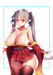Rule 34 | 1girl, azur lane, bare hips, bare shoulders, black bow, black choker, black thighhighs, blush, bow, breasts, choker, cleavage, closed mouth, collar, collarbone, commentary request, cosplay, cowboy shot, formidable (azur lane), geonjeonji, hair bow, huge breasts, japanese clothes, kimono, kimono pull, korean commentary, long hair, long sleeves, looking at viewer, red eyes, red kimono, short kimono, silver hair, solo, taihou (azur lane), taihou (azur lane) (cosplay), thighhighs, twintails, two-tone background, very long hair, wide hips, wide sleeves