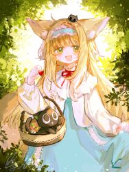 Rule 34 | 1girl, :d, animal, animal ear fluff, animal ears, arknights, black cat, blonde hair, blue hairband, blue skirt, cat, commentary request, food, fox ears, fox girl, fox tail, frilled hairband, frills, fruit, green eyes, hairband, hand up, high-waist skirt, highres, holding, holding food, jacket, long hair, long sleeves, luo xiaohei zhanji, multicolored hair, neck ribbon, on head, open mouth, plant, puffy long sleeves, puffy sleeves, red ribbon, ribbon, shirt, signature, skirt, smile, solo, strawberry, suzuran (arknights), suzuran (spring praise) (arknights), tail, two-tone hair, very long hair, white hair, white jacket, white shirt, wuliuqibagui