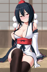 Rule 34 | 1girl, areola slip, bare shoulders, black hair, black thighhighs, blush, bottomless, breasts, cleavage, detached sleeves, duplicate, embarrassed, groin, hair between eyes, hat, highres, japanese clothes, kimono, kimono pull, knee up, kourindou tengu costume, leg lift, looking at viewer, medium breasts, medium hair, no bra, no panties, nori tamago, pom pom (clothes), pulled by self, red eyes, red ribbon, ribbon, ribbon-trimmed sleeves, ribbon trim, self exposure, shameimaru aya, sitting, smile, solo, thighhighs, thighs, tokin hat, touhou, upskirt, white kimono, wide sleeves
