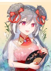 Rule 34 | 01lingyi13311, 1girl, :d, character request, china dress, chinese clothes, double bun, dress, fu hua, fu hua (herrscher of sentience), grey hair, hair between eyes, hair bun, hair ornament, hair ribbon, hand fan, highres, holding, holding fan, honkai (series), honkai impact 3rd, long hair, looking at viewer, nail polish, open mouth, red dress, red eyes, red nails, ribbon, see-through, see-through sleeves, sleeveless, sleeveless dress, smile, solo, teeth