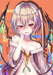 Rule 34 | 1girl, artist name, bare shoulders, blush, breasts, collarbone, crystal, dress, fang, flandre scarlet, hair between eyes, highres, kunose yaryu, light smile, long hair, looking at viewer, no headwear, off shoulder, one side up, orange background, parted lips, red background, red eyes, short sleeves, solo, touhou, upper body, wings