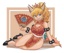 Rule 34 | 1girl, armlet, ayyk92, black nails, blonde hair, borrowed design, bowser, bowsette, bracelet, china dress, chinese clothes, chinese new year, cleavage cutout, clothing cutout, collar, crown, dress, earrings, ganon, hand fan, highres, horns, jewelry, mario (series), nail polish, new super mario bros. u deluxe, nintendo, sharp teeth, solo, spiked armlet, spiked bracelet, spiked collar, spiked shell, spiked tail, spikes, super crown, tail, teeth, the legend of zelda, turtle shell