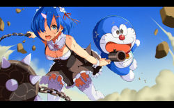 Rule 34 | 10s, 1girl, action, angry, arm at side, ball and chain (weapon), bell, blue eyes, blue hair, blue sky, breasts, cannon, cleavage, commentary request, crossover, day, detached collar, dirty, doraemon, doraemon (character), dust, dust cloud, eyelashes, frills, garter straps, hair ornament, hair over one eye, hair ribbon, hairclip, holding, holding weapon, horns, injury, jingle bell, leg up, legs apart, letterboxed, looking at viewer, looking away, maid, medium breasts, midair, motion blur, neck ribbon, one eye covered, oni, oni horns, open mouth, outstretched arm, re:zero kara hajimeru isekai seikatsu, red ribbon, rem (re:zero), ribbon, rock, scratches, short hair, shouting, signature, single horn, sky, sleeveless, spikes, spoilers, standing, standing on one leg, sweat, thighhighs, trait connection, underbust, viola (seed), water drop, weapon, white thighhighs, wrist cuffs, x hair ornament
