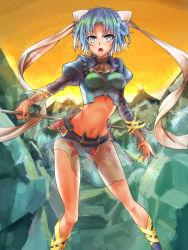 Rule 34 | 10s, 1girl, blue eyes, blue hair, braid, breasts, ascot, frills, highres, ice, ludmila lourie, madan no ou to vanadis, navel, open mouth, panties, polearm, ribbon, see-through, shoes, short hair, skirt, spear, underwear, weapon