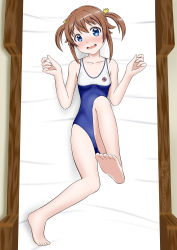 Rule 34 | 1girl, barefoot, bed, blue eyes, blush, breasts, brown hair, high school fleet, highres, looking at viewer, lying, misaki akeno, open mouth, ribbon, school swimsuit, short hair, small breasts, solo, swimsuit, twintails, two-tone swimsuit, wavy mouth, wicchii, yellow ribbon
