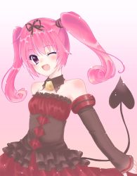 Rule 34 | 1girl, bare shoulders, blush, brooch, detached sleeves, dress, fang, female focus, gradient background, hair ribbon, happy, jewelry, long hair, nana asta deviluke, one eye closed, open mouth, pink hair, purple eyes, ribbon, smile, solo, standing, strapless, strapless dress, tail, to love-ru, twintails, wink