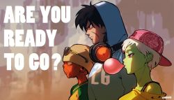 Rule 34 | 1girl, 2boys, alternate costume, baseball cap, black hair, blue jacket, blurry, blurry background, broly (dragon ball super), cheelai, chewing gum, dragon ball, dragon ball (object), dragon ball super, dragon ball super broly, earrings, english text, expressionless, eyewear on head, frown, gym uniform, hat, headphones, headphones around neck, height difference, hood, hood up, hooded jacket, hoodie, jacket, jewelry, lemo (dragon ball), multiple boys, pink eyes, profile, scar, shaded face, shirt, short hair, standing, sunglasses, text focus, twitter username, white hair, yellow shirt, youki (gdn)