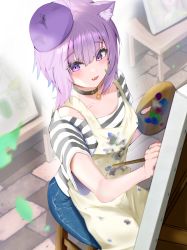 Rule 34 | 1girl, absurdres, animal ear fluff, animal ears, apron, beret, blue pants, canvas (object), cat ears, fang, from above, hat, highres, holding, holding paintbrush, holding palette, hololive, indoors, looking at viewer, nekomata okayu, paint on clothes, paint splatter, paint splatter on face, paintbrush, painting (action), palette (object), pants, parted lips, purple eyes, purple hair, purple hat, shirt, short sleeves, sitting, skin fang, solo, striped clothes, striped shirt, torakichi 888, virtual youtuber, yellow apron