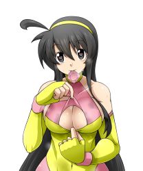Rule 34 | 1girl, ahoge, bare shoulders, black eyes, black hair, breasts, cleavage, cleavage cutout, clothing cutout, collarbone, commentary request, condom, condom in mouth, condom wrapper, elbow gloves, eyebrows, fingerless gloves, gloves, hairband, heart, heart-shaped pupils, heavy breathing, highres, large breasts, leotard, long hair, looking at viewer, mouth hold, multicolored clothes, multicolored gloves, multicolored leotard, ninoita rina, original, paizuri invitation, pixiv wrestling association, presenting, sakasa gurasan, sideboob, smile, solo, standing, sweat, sweatdrop, nervous sweating, symbol-shaped pupils, tongue, tongue out, upper body, white background, wrestling outfit, yellow hairband