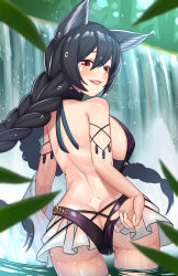 Rule 34 | 1girl, adjusting clothes, adjusting swimsuit, ass, backless outfit, bare shoulders, black hair, blush, braid, breasts, butt crack, dimples of venus, erune, granblue fantasy, highres, large breasts, long hair, looking at viewer, lunarscent, nier (granblue fantasy), nier (lover by the lily lake) (granblue fantasy), one-piece swimsuit, open mouth, partially submerged, red eyes, sideboob, smile, solo, swimsuit, twin braids, water, waterfall, wet