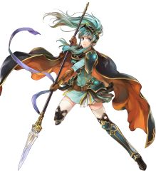 Rule 34 | 1girl, aqua eyes, aqua hair, armor, armored boots, belt, boots, bracelet, breastplate, brown gloves, cape, dress, earrings, eirika (fire emblem), elbow gloves, female focus, fire emblem, fire emblem: the sacred stones, fire emblem heroes, full body, gloves, hair ornament, highres, holding, holding polearm, holding spear, holding weapon, jewelry, long hair, long sleeves, matching hair/eyes, nintendo, official art, polearm, ponytail, short dress, shoulder armor, sidelocks, solo, spear, thighhighs, transparent background, turtleneck, wada sachiko, weapon, white thighhighs
