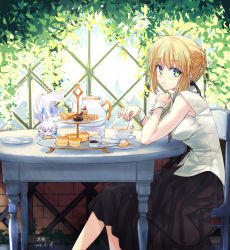 Rule 34 | 1girl, ahoge, artoria pendragon (all), artoria pendragon (fate), black ribbon, black skirt, blonde hair, braid, breasts, cake, collared shirt, commentary, creature, cup, dated, english commentary, fate/grand order, fate (series), feet out of frame, food, fou (fate), french braid, green eyes, hair bun, hair ribbon, highres, kuroaki, long skirt, looking at viewer, medium breasts, medium hair, necktie, outdoors, parted lips, plant, plate, purple eyes, red necktie, ribbon, saber (fate), shirt, signature, single hair bun, sitting, skirt, sleeveless, solo, table, tea, teapot, white shirt, wristband