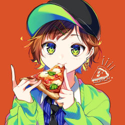 Rule 34 | androgynous, bad id, bad pixiv id, baseball cap, black hat, black neckwear, blonde hair, blue eyes, blue shirt, brown hair, cardigan, earrings, eating, english text, food, food-themed earrings, gender request, green cardigan, green eyes, hair ornament, hairclip, hat, highres, holding, holding food, jewelry, kaname monika, long sleeves, multicolored eyes, multicolored hair, necktie, original, pizza, pizza slice, red background, school uniform, shirt, short hair, simple background, sleeves past wrists, striped clothes, striped shirt, two-tone hair, upper body, vertical-striped clothes, vertical-striped shirt, yellow eyes