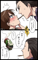 Rule 34 | 1boy, 1girl, 2koma, billy coen, black hair, blue eyes, blush, brown hair, grabbing another&#039;s chin, comic, embarrassed, eye contact, flying sweatdrops, food, green eyes, hand on another&#039;s chin, looking at another, myutsusama, pocky, pocky kiss, rebecca chambers, resident evil, resident evil 0, shared food, short hair, simple background, sweat, sweatdrop, translated, white background