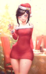 Rule 34 | 1girl, 2021, absurdres, alcohol, arm support, bags under eyes, black hair, bottle, champagne, champagne bottle, champagne flute, christmas, christmas tree, collarbone, confetti, covered navel, cowboy shot, cup, dress, drinking glass, earrings, fur-trimmed dress, fur-trimmed headwear, fur trim, hair ornament, hairclip, hat, highres, holding, holding cup, huge filesize, jewelry, lens flare, long sleeves, looking at viewer, nail polish, new year, novenine, off-shoulder dress, off shoulder, original, parted lips, purple eyes, purple nails, red dress, red hat, renko (renkonv), ringed eyes, santa hat, short dress, short hair, short hair with long locks, solo, sparkle, swept bangs, table, thighs, wide hips
