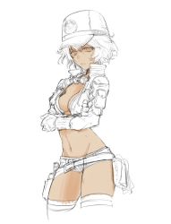 Rule 34 | 1girl, baseball cap, belt, breasts, cidney aurum, cleavage, commentary, cropped jacket, final fantasy, final fantasy xv, gloves, goggles, goggles around neck, groin, hat, jacket, kotoyama, looking at viewer, midriff, navel, short hair, short shorts, shorts, simple background, solo, thighhighs, white background
