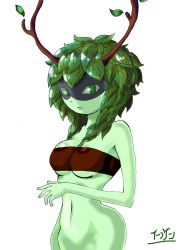 Rule 34 | 1girl, absurdres, adventure time, antlers, bottomless, breasts, colored skin, domino mask, dryad, green eyes, green skin, highres, horns, huntress wizard, leaf, looking at viewer, mask, medium breasts, monster girl, navel, open mouth, plant girl, plant hair, simple background, solo, underboob