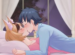 Rule 34 | 1boy, 1girl, animal ear fluff, animal ears, bedroom, blonde hair, blue hair, blush, brown hair, commission, commissioner upload, closed eyes, fire emblem, fire emblem fates, fox ears, fox girl, french kiss, hetero, highres, holding hands, igni tion, indoors, interlocked fingers, kiragi (fire emblem), kiss, lying, multicolored hair, night, nintendo, on back, on bed, on person, pajamas, pillow, saliva, selkie (fire emblem), tongue