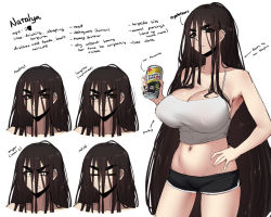 Rule 34 | 1girl, beer can, black shorts, breasts, brown eyes, brown hair, can, character profile, drink can, ear piercing, english text, expressions, eyeliner, frown, groin, hand on own hip, huge breasts, long hair, lowleg, lowleg shorts, makeup, multiple views, natalya (roresu), navel piercing, original, piercing, roresu, short shorts, shorts, spaghetti strap, strong zero, tank top, thick eyebrows, thick thighs, thighs, very long hair, white background
