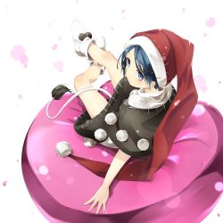 Rule 34 | 1girl, bare legs, blue eyes, blue hair, capelet, doremy sweet, dream soul, dress, from above, from behind, full body, gorilla (bun0615), hat, highres, looking at viewer, looking back, nightcap, pom pom (clothes), red hat, shoes, short hair, simple background, sitting, solo, tail, tapir tail, touhou, turtleneck, white background, white footwear