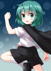Rule 34 | 1girl, antennae, black cape, black footwear, black shorts, cape, clenched hands, dotted background, from side, gradient background, green background, green eyes, green hair, hair between eyes, highres, looking at viewer, medium hair, open mouth, ruu (tksymkw), shirt, short sleeves, shorts, solo, touhou, v-shaped eyebrows, white legwear, white shirt, wriggle nightbug