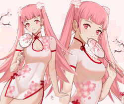 Rule 34 | 1girl, blunt bangs, blush, breasts, china dress, chinese clothes, cleavage, cleavage cutout, closed mouth, clothing cutout, dress, fire emblem, fire emblem: three houses, floral print, highres, hilda valentine goneril, holding, long hair, looking at viewer, medium breasts, nintendo, pink hair, print dress, red eyes, short dress, short sleeves, side slit, smile, solo, very long hair, white dress, zedoraart