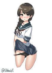 Rule 34 | 10s, 1girl, black panties, blue skirt, blush, bow, braid, brown eyes, brown hair, clothes lift, collarbone, cowboy shot, cropped legs, ebifurya, groin, hair bow, hair over shoulder, highres, kantai collection, lifted by self, long hair, looking at viewer, open mouth, panties, panty pull, pink bow, pleated skirt, pulled by self, school uniform, serafuku, short sleeves, simple background, single braid, skirt, skirt lift, solo, twitter username, underwear, uranami (kancolle), white background