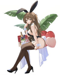 Rule 34 | 1girl, absurdres, animal ears, ass, b grade, bare shoulders, black footwear, black leotard, breasts, brown eyes, brown hair, champagne bottle, commentary request, detached collar, fake animal ears, fake tail, from side, full body, girls&#039; frontline, hair ornament, hairclip, heart, heart-shaped pillow, high heels, highleg, highleg leotard, highres, k2 (girls&#039; frontline), korean commentary, large breasts, leotard, long hair, looking at viewer, pillow, playboy bunny, rabbit ears, rabbit tail, sideboob, simple background, sitting, solo, strapless, strapless leotard, tail, thighhighs, white background, wrist cuffs