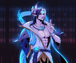 Rule 34 | 1boy, abs, aphelios, arm behind back, armband, asymmetrical horns, bead necklace, beads, blue eyes, crescent, crescent necklace, earrings, facial mark, facial tattoo, finger gun, highres, horns, jewelry, jjolee, league of legends, long hair, looking at viewer, magic, male focus, multicolored hair, muscular, muscular male, necklace, pectoral focus, pectorals, purple hair, solo, spirit blossom (league of legends), spirit blossom aphelios, tattoo, two-tone hair, white hair