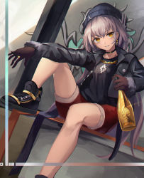 Rule 34 | &gt;:), 1girl, alternate costume, beer bottle, black jacket, black shirt, blush, bottle, choker, cigarette, eruthika, fate/grand order, fate (series), fur trim, grey hair, jacket, jeanne d&#039;arc (fate), jeanne d&#039;arc alter (avenger) (fate), jeanne d&#039;arc alter (fate), knit hat, looking at viewer, open clothes, open jacket, parted lips, shirt, shoes, shorts, sitting, smile, sneakers, solo, v-shaped eyebrows, yellow eyes