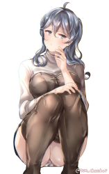 Rule 34 | 1girl, alternate costume, blue eyes, blue hair, blush, boots, breasts, brown footwear, closed mouth, dress, gotland (kancolle), hair between eyes, juurouta, kantai collection, long hair, long sleeves, medium breasts, mole, mole under eye, panties, short dress, simple background, sitting, solo, thigh boots, thighhighs, twitter username, underwear, white background, white panties