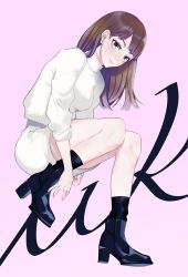 Rule 34 | 1girl, alternate costume, ankle boots, bad id, bad pixiv id, black footwear, black legwear, blunt bangs, boots, breasts, brown eyes, brown hair, casual, earrings, eyebrows, eyelashes, female focus, full body, haikyuu!!, jewelry, kurobara, leather, leather boots, looking at viewer, nail polish, simple background, skirt, solo, sweater, white skirt, white sweater, yamaka mika