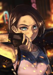 Rule 34 | 1girl, absurdres, black gloves, black hair, blue eyes, blurry, blurry background, dirty, dirty face, fingerless gloves, gloves, glowing, highres, jill valentine, parted lips, resident evil, short hair, sinohira rin, solo, sparks, upper body