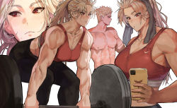 Rule 34 | 1boy, 1girl, abs, absurdres, alternate hairstyle, barbell, blonde hair, blue eyes, breasts, cellphone, cleavage, collarbone, dorohedoro, earrings, exercising, eyes visible through hair, highres, jewelry, long hair, looking to the side, medium breasts, messy hair, multiple piercings, muscular, muscular female, muscular male, nike (company), nipples, noi (dorohedoro), pants, park ongjol, parted lips, phone, ponytail, profile, red eyes, scar, shin (dorohedoro), short hair, smartphone, sports bra, sportswear, sweat, toned, topless, towel, weightlifting, weights, white background, white hair, yoga pants