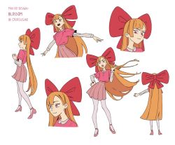 Rule 34 | 1girl, aged up, blossom (ppg), bow, character name, character sheet, hair bow, hand on own hip, high heels, highres, huge bow, leaning to the side, long hair, looking at viewer, onasugar, open mouth, orange hair, pink eyes, pink footwear, pink skirt, powerpuff girls, red bow, skirt, smile, very long hair