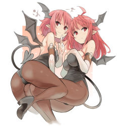 Rule 34 | 2girls, :&lt;, ahoge, alternate hair length, alternate hairstyle, ass, bat wings, black legwear, blush, breasts, bridal gauntlets, demon tail, dual persona, elbow gloves, gloves, hands on own chest, head wings, high heels, hiruma andon, index finger raised, koakuma, large breasts, long hair, looking at viewer, multiple girls, open mouth, pantyhose, pointy ears, red eyes, red hair, short hair, simple background, skull print, smile, tail, touhou, white background, wings