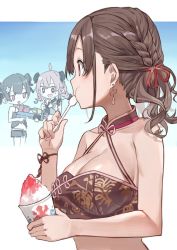 Rule 34 | + +, 3girls, ahoge, bare arms, bare shoulders, bikini, black bikini, black hair, braid, breasts, brown background, brown eyes, brown hair, character request, cleavage, cup, disposable cup, earrings, food, hair between eyes, hair ribbon, haruyuki (gffewuoutgblubh), holding, holding cup, holding spoon, idolmaster, idolmaster shiny colors, jewelry, large breasts, morino rinze, multiple girls, nail polish, pink nails, red ribbon, ribbon, shaved ice, spoon, swimsuit, twin braids, water gun