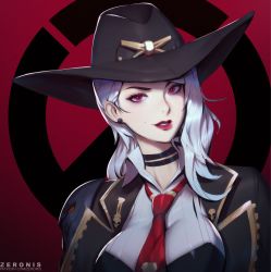 Rule 34 | 1girl, artist name, ashe (overwatch), breasts, choker, collared shirt, cowboy hat, earrings, eyelashes, eyeshadow, gradient background, hat, highres, jacket, jewelry, lips, lipstick, logo, looking at viewer, makeup, medium breasts, medium hair, mole, mole above mouth, necktie, overwatch, overwatch 1, parted lips, pinstripe pattern, pinstripe shirt, portrait, red background, red eyes, red lips, red necktie, shirt, smile, solo, striped, stud earrings, watermark, web address, white hair, white shirt, zeronis