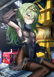 Rule 34 | 1girl, arm behind head, armored gloves, armpits, belt pouch, black bodysuit, black ribbon, black skirt, blush, bodysuit, breasts, covered navel, fur collar, goddess of victory: nikke, green hair, hair ribbon, hairband, kilo (nikke), long hair, long sleeves, looking at viewer, manjo (warito), pouch, ribbon, sitting, skin tight, skirt, small breasts, solo, sweat, wavy mouth, wrench, yellow eyes