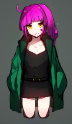Rule 34 | 1girl, absurdres, ahoge, black dress, copyright request, cropped legs, dress, facial mark, female focus, green jacket, grey background, hands in pockets, heart, heart facial mark, highres, jacket, jitome, long sleeves, looking at viewer, niwarhythm, open clothes, open jacket, parted lips, purple hair, short dress, side ponytail, simple background, solo, standing, yellow eyes
