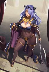 Rule 34 | 1girl, axe, bad id, bad pixiv id, bodystocking, breasts, camilla (fire emblem), cape, cleavage, cosplay, covered navel, dark mage (fire emblem awakening), fire emblem, fire emblem awakening, fire emblem fates, hair over one eye, looking at viewer, nintendo, ochrejelly, pelvic curtain, purple hair, solo, stairs, tharja (cosplay), tharja (fire emblem), tiara, weapon