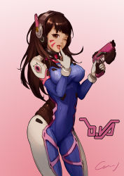 Rule 34 | 1girl, ;d, absurdres, animal print, armor, blue bodysuit, bodysuit, bracer, breasts, brown eyes, brown hair, character name, contrapposto, covered erect nipples, covered navel, cowboy shot, d.va (overwatch), facepaint, facial mark, finetar, finger on trigger, finger to mouth, from behind, gloves, gluteal fold, gradient background, gun, hand up, handgun, hands up, headphones, high collar, highres, holding, holding gun, holding weapon, large breasts, legs apart, long hair, looking at viewer, medium breasts, one eye closed, open mouth, overwatch, overwatch 1, pauldrons, pilot suit, pink lips, rabbit print, ribbed bodysuit, shoulder armor, shoulder pads, signature, skin tight, smile, solo, standing, thigh strap, turtleneck, weapon, whisker markings, white gloves, white legwear