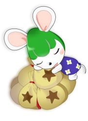 Rule 34 | 1girl, animal crossing, animal ears, bree (animal crossing), closed eyes, flower, furry, furry female, gakushuusouchi (user cfjj4237), green hair, money, moneybag, mouse ears, mouse girl, mouse tail, nintendo, open mouth, simple background, sleeping, solo, star (symbol), tail, white background