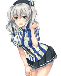 Rule 34 | 10s, 1girl, :d, bare legs, beret, black skirt, blue eyes, breasts, employee uniform, female focus, frilled skirt, frills, hair between eyes, hand on leg, hat, highres, kantai collection, kashima (kancolle), lawson, leaning, leaning forward, legs, long hair, looking at viewer, medium breasts, miniskirt, name tag, open mouth, pleated skirt, rinarisa, shirt, short hair, short sleeves, silver hair, simple background, skirt, smile, solo, standing, striped clothes, striped shirt, tsurime, twintails, two side up, uniform, wavy hair, white background