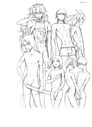 Rule 34 | 6+boys, amethyst (houseki no kuni), bare pectorals, bob cut, bort, boxer briefs, braid, bulge, convenient censoring, covering chest, covering crotch, covering privates, dated, elbow gloves, flaccid, genderswap, genderswap (ftm), gloves, graphite (medium), greyscale, hair over one eye, hand on own hip, highres, holding hands, houseki no kuni, humanization, long hair, looking at viewer, male focus, male underwear, mechanical pencil, monochrome, morganite (houseki no kuni), multiple boys, naked shirt, navel, neptunite (houseki no kuni), nude, parted lips, pectorals, pencil, penis, penis peek, shirt, simple background, smile, standing, thighhighs, traditional media, twintails, underwear, very long hair, yellow diamond (houseki no kuni)