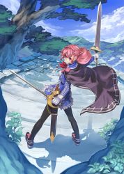 Rule 34 | 1girl, bow, box sentou shoujo, braid, cape, cloud, day, dual wielding, female focus, highres, holding, looking back, mountain, nature, original, outdoors, pantyhose, pink eyes, pink hair, plant, sheath, sky, solo, sumith, sword, tree, weapon